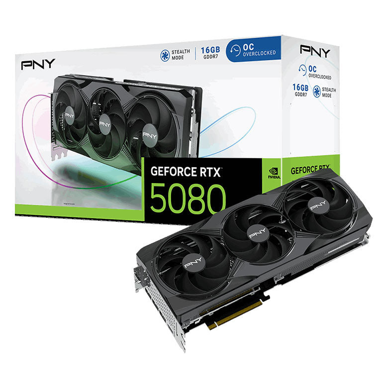 PNY GeForce RTX 5080 Overclocked Triple Fan 16GB GDDR7 DLSS4 HDMI/3*DisplayPort PCi Ex 5.0 16x