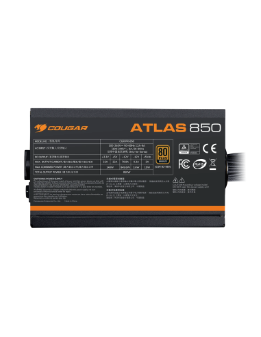 COUGAR ALIM ATLAS 750 80+ BRONZE ATX2.5 - L'alimentatore della serie ATLAS COUGAR � certificato 80 PLUS Bronze. � dotato di un connettore nativo PCIe 12V-2X6, conforme agli standard Intel ATX 3.1 e PCIe 5.1. Con un unico cavo 12+4 pin, supporta efficac...