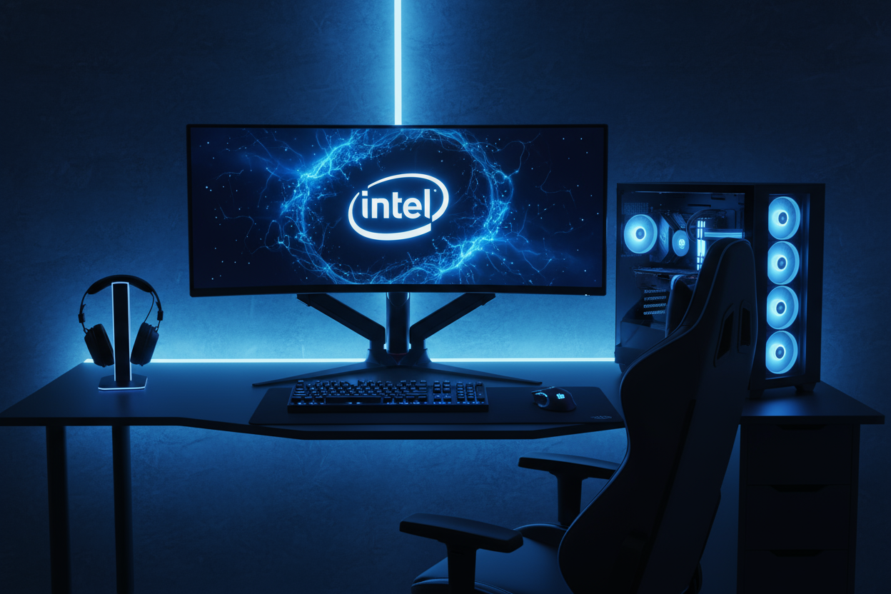 crea una postazione da gaming alta fascia con il logo di intel sul monitor e un effetto luci azzurro