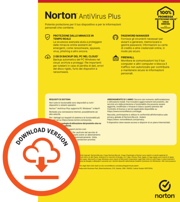 NORTON ANTIVIRUS PLUS 2GB IT 1 USER 1 DEVICE 1Y VECCHIO CODICE 21397559